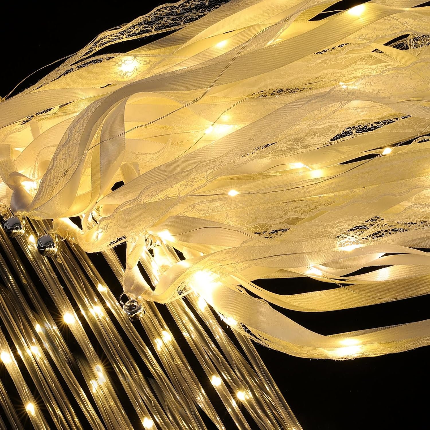 Wholesale 50 Pcs Light Up LED Silk Fairy Wands with 3 Flashing Modes Ribbon Streamers Glow Lace Sticks Bells for Wedding Reception Graduation New Year Birthday Party Warm White Supplier