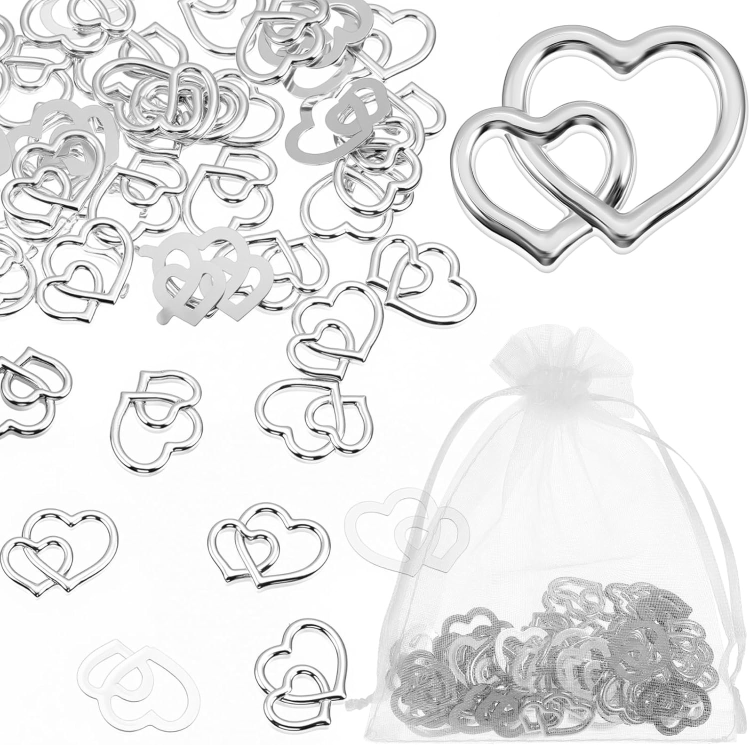 Wholesale 50 Pcs Silver Love Heart Shaped Confetti with 1 Pc White Organza Bag for Bridal Shower Wedding Valentines Day Decor Supplier Wholesale 50 Pcs Silver Love Heart Shaped Confetti with 1 Pc White Organza Bag for Bridal Shower Wedding Valentines Day Decor Supplier