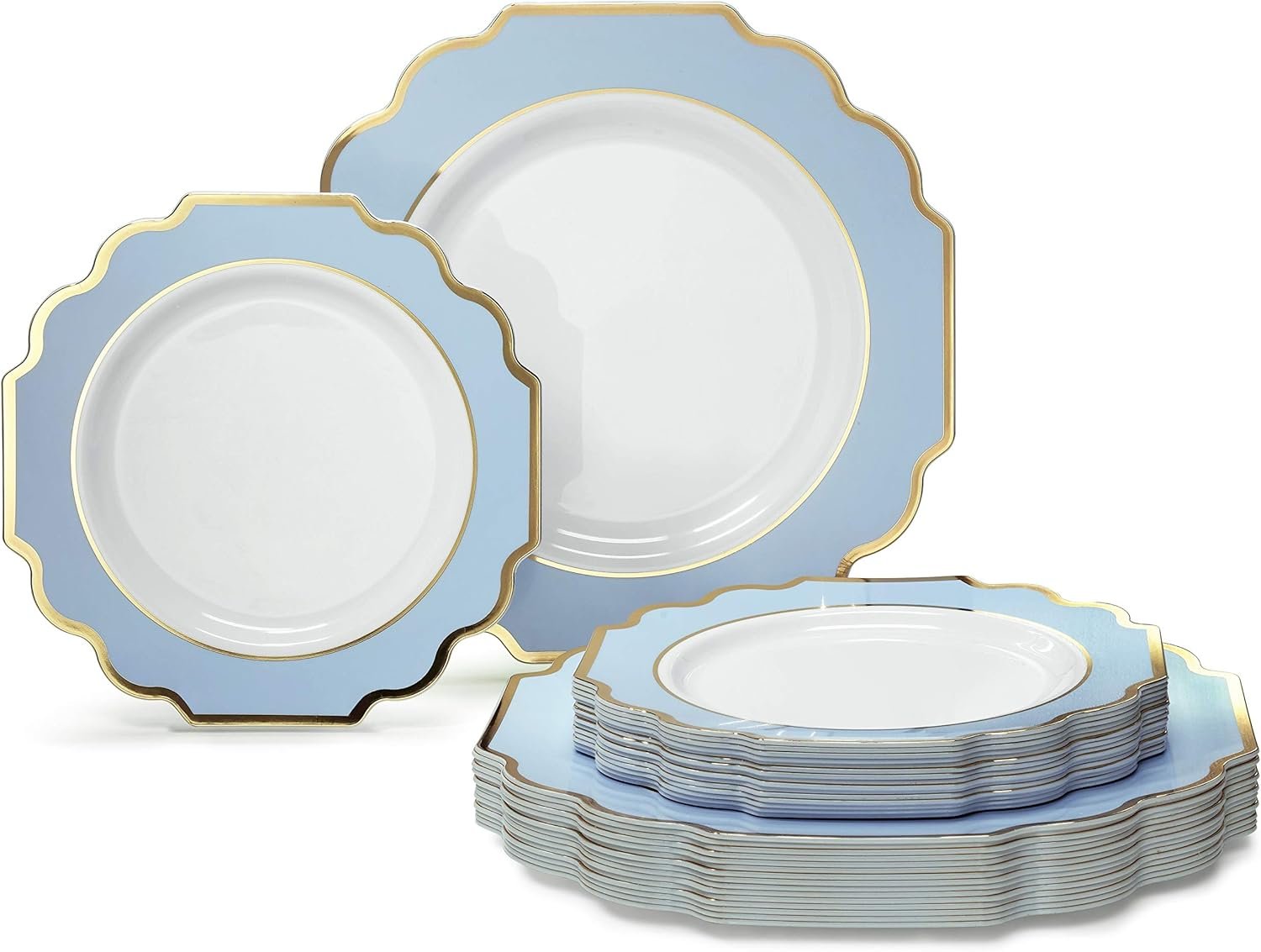 Wholesale 50 Plates Pack for 25 Guests Heavyweight Disposable Plastic Plate Set for Weddings and Parties 25x10.5'' Dinner Plates + 25x8'' Salad Dessert Plates in White Blue and Gold Supplier Wholesale 50 Plates Pack for 25 Guests Heavyweight Disposable Plastic Plate Set for Weddings and Parties 25x10.5'' Dinner Plates + 25x8'' Salad Dessert Plates in White Blue and Gold Supplier