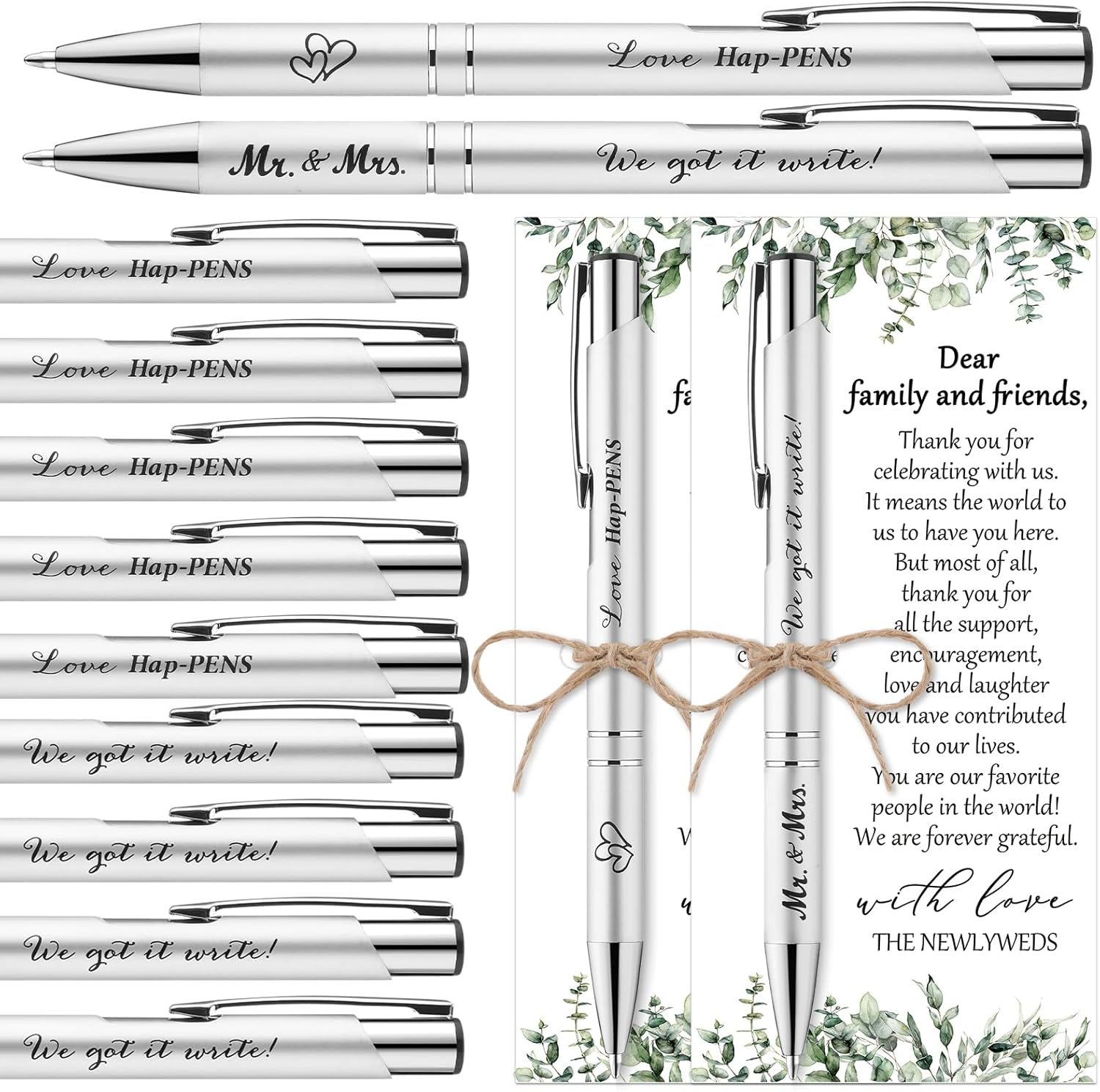 Wholesale 50 Sets Wedding Favors for Guests 50 Black Ink Retractable Ballpoint Pens 50 Thank You Cards 50 Organza Bags with Hemp Rope Bridal Shower Party Supplies Supplier