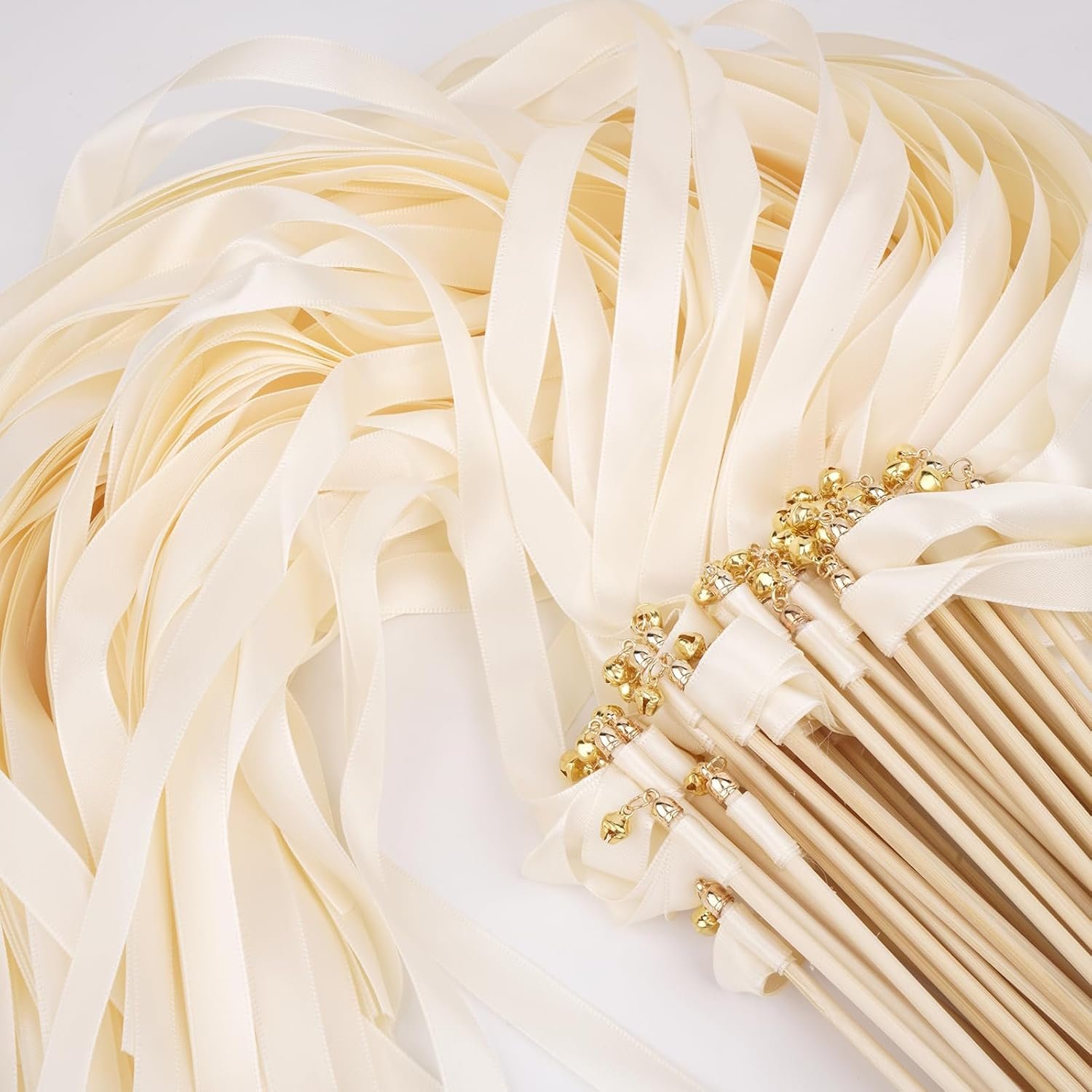 Wholesale 50PCS White Silk Ribbon Fairy Wands with Gold Bells for Wedding Send-Off Parties Holidays Supplier Wholesale 50PCS White Silk Ribbon Fairy Wands with Gold Bells for Wedding Send-Off Parties Holidays Supplier