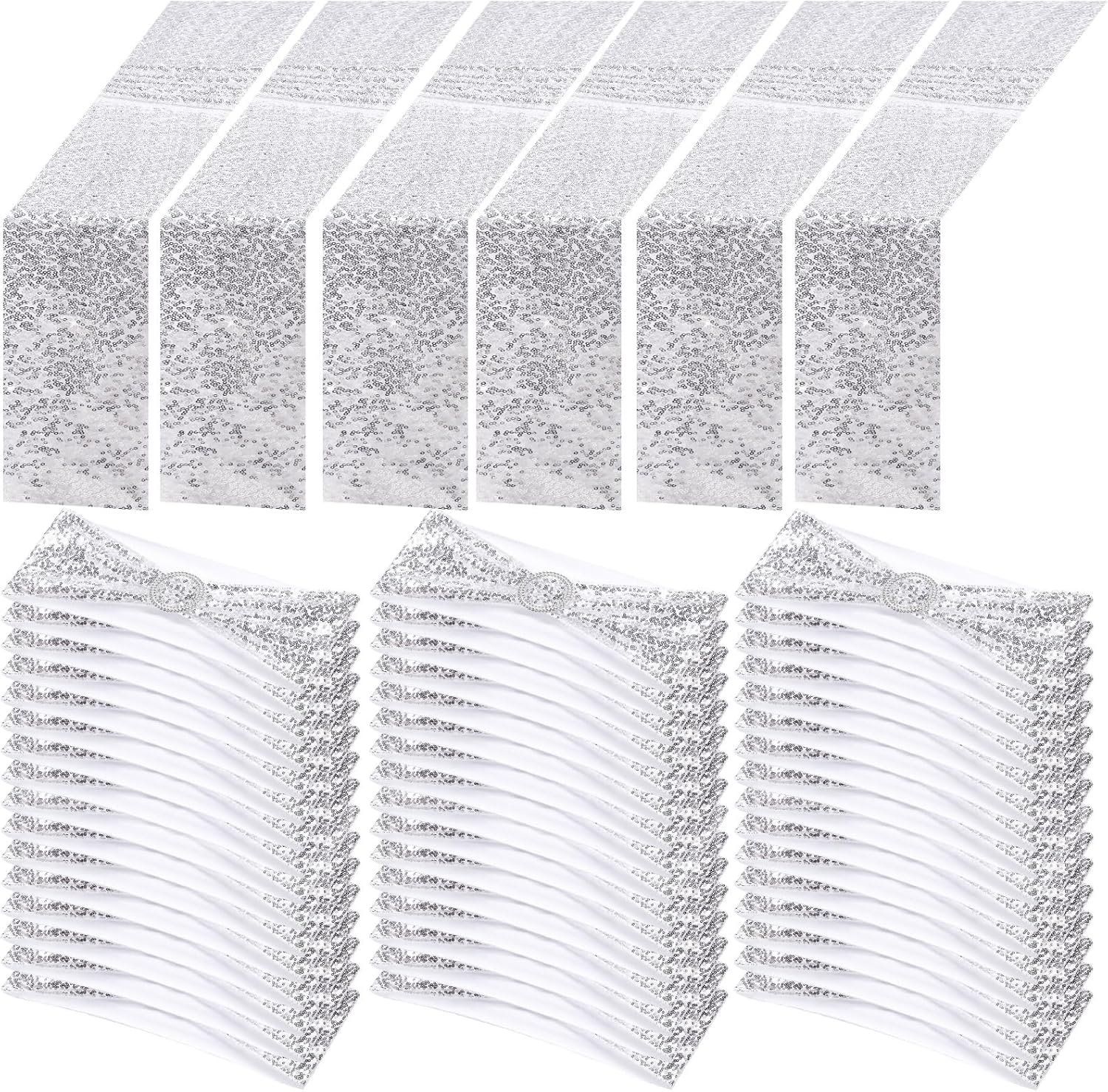 Wholesale 54 Pcs Silver Sequin Chair Sashes Table Runners 48 Sequin Chair Bows 6 Glitter Table Runners Birthday Party Wedding Banquet Holiday Decorations Supplier