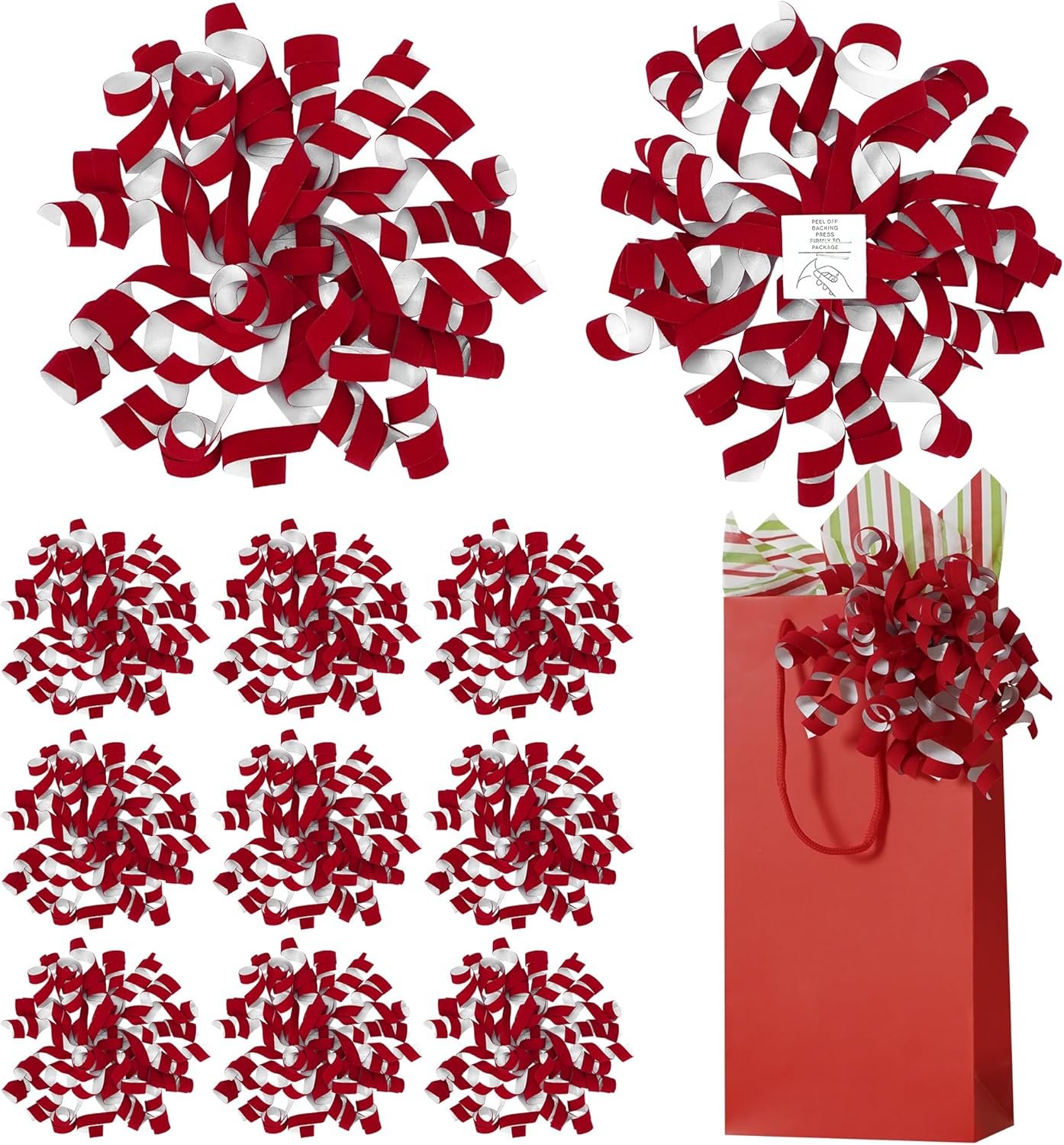 Wholesale 6 Inch x 12 Counts Red Velvet Curly Ribbon Bows with White Backing Self Adhesive for Gift Wrapping Wedding Baby Shower Valentine Presents Baskets Wine Bottles Treat Bags Supplier