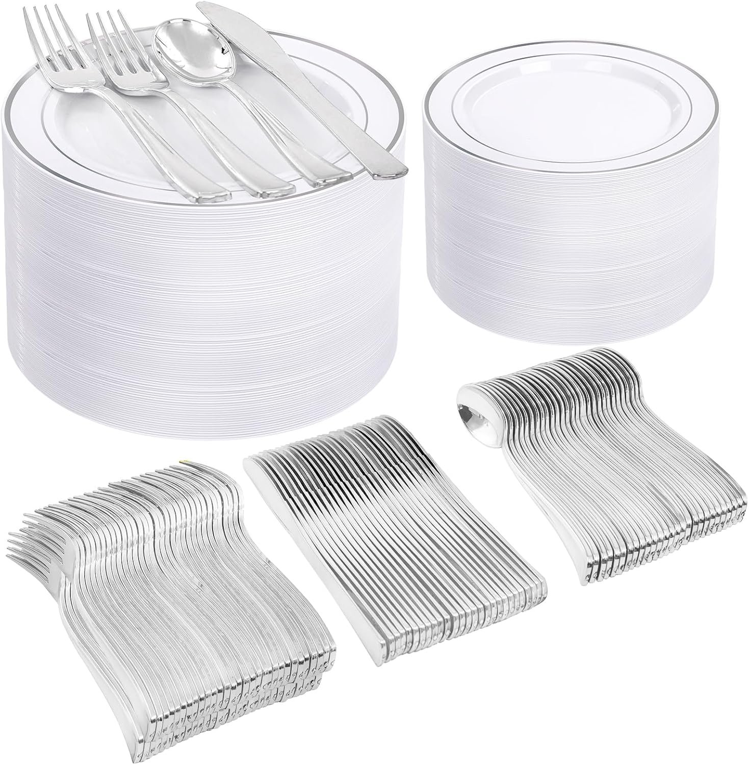 Wholesale 600pcs Silver Plastic Dinnerware Set for 100 Guests 100 Dinner Plates 100 Salad Plates 200 Forks 100 Spoons 100 Knives for Parties Weddings Supplier