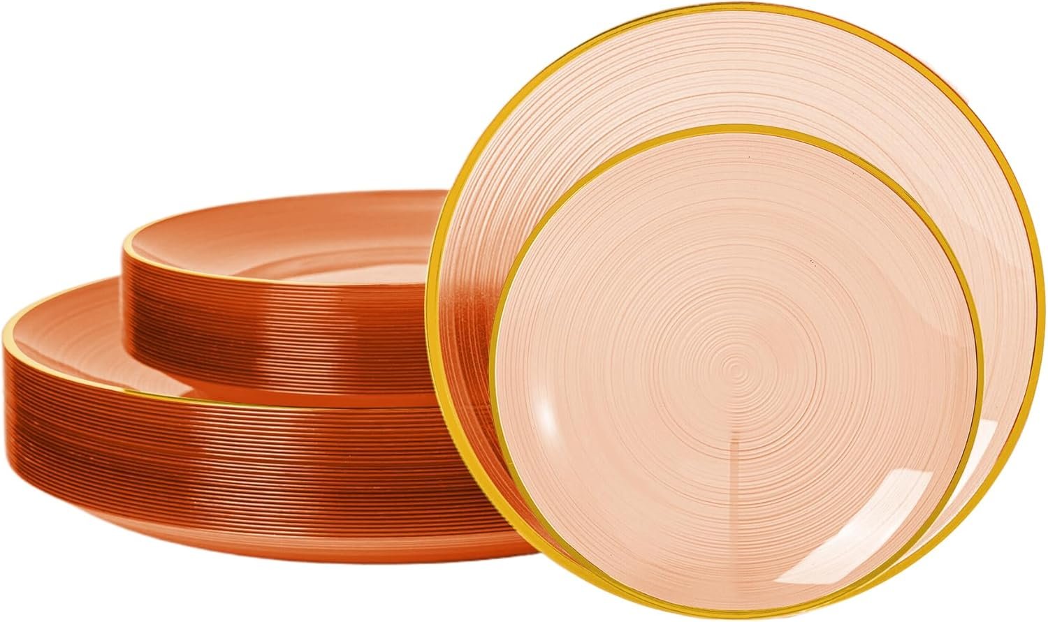 Wholesale 60PCS Orange Plastic Plates with Gold Rim Elegant Disposable Circular Ribbed Design 30 Dinner and 30 Dessert Plates for Parties Weddings Banquets Events Translucent Orange Supplier