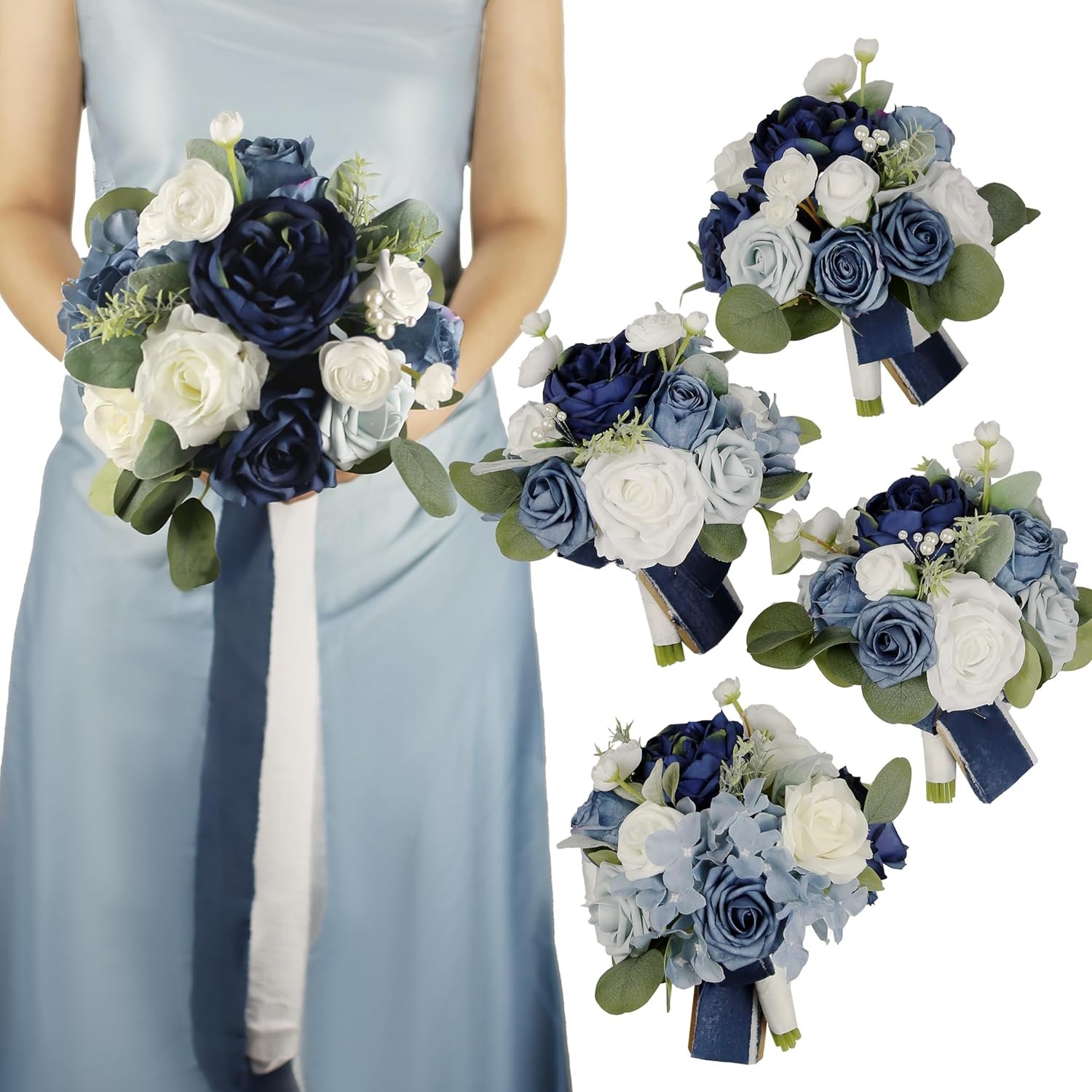 Wholesale 7 Inch Navy Blue Artificial Bridesmaid Bouquets Set of 4 for Weddings Proposals Parties Vintage Ceremonies Anniversaries Supplier