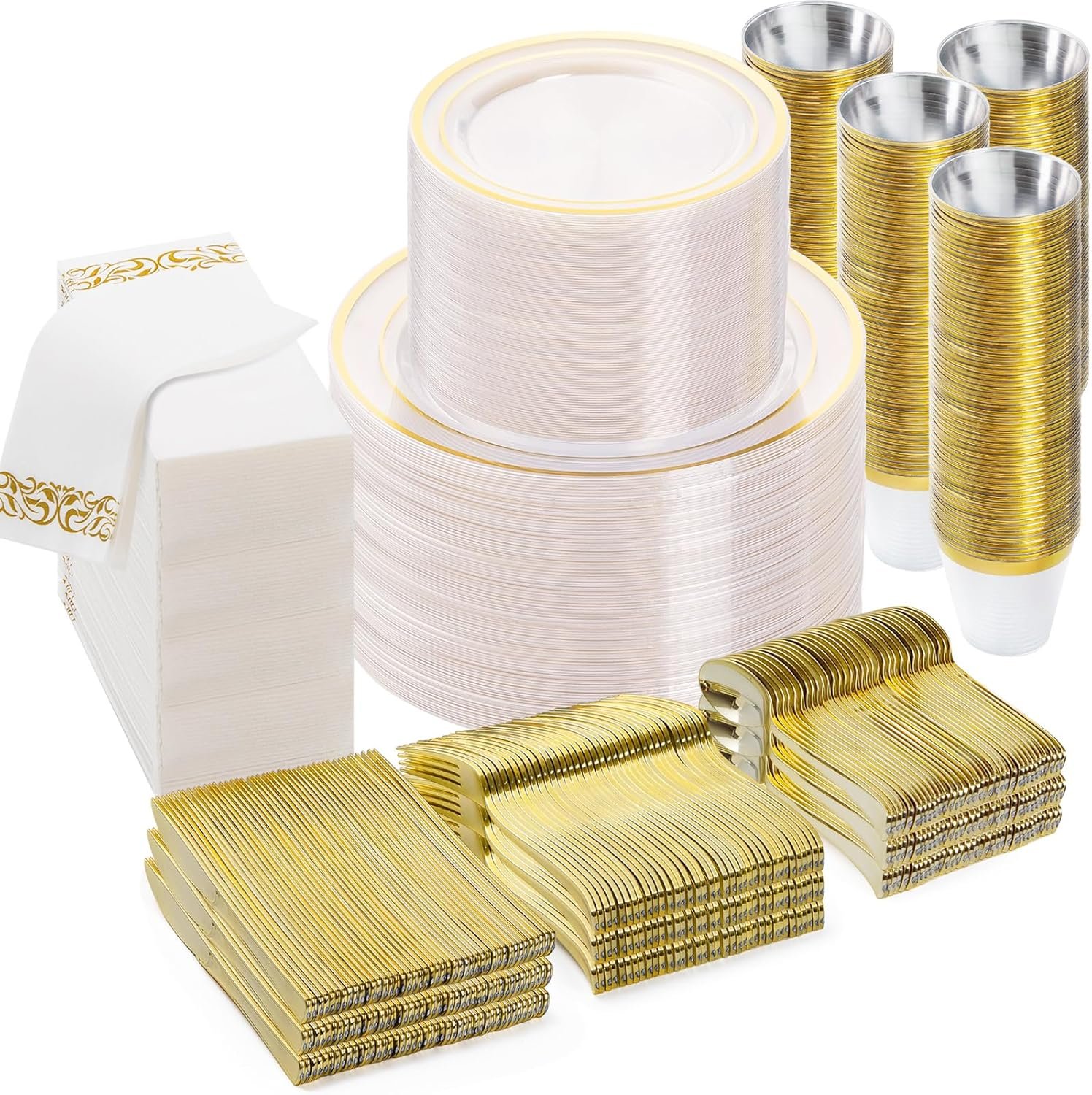 Wholesale 700PCS Clear Gold Disposable Dinnerware Set for 100 Guests 200 Plastic Plates 100 Gold Silverware 100 Cups 100 Napkins for Party Wedding Christmas Supplier
