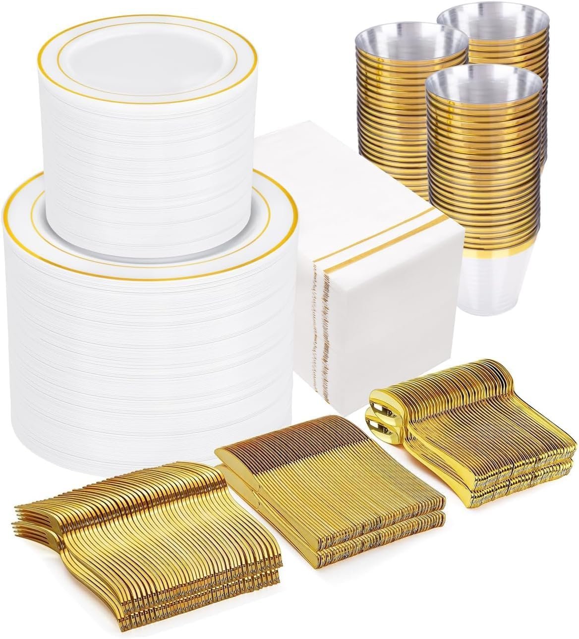 Wholesale 700PCS White and Gold Disposable Dinnerware Sets for 100 Guests - 200 Plates 300 Plastic Silverware 100 Cups 100 Napkins for Weddings and Parties Supplier