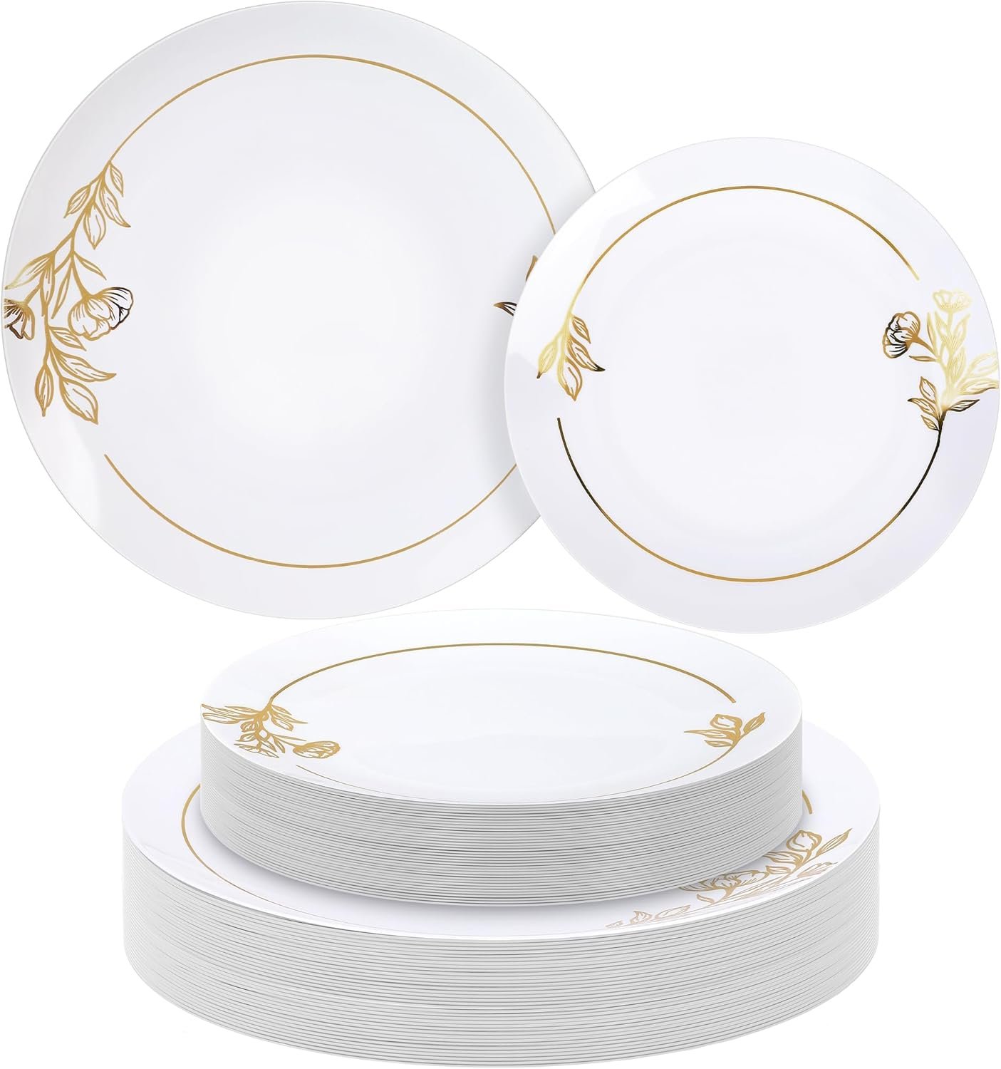Wholesale 72 Pieces White and Gold Floral Plastic Plates Elegant Disposable Combo Set 36 Pcs 10.25 Inch Dinner Plates 36 Pcs 7.5 Inch Salad Plates Premium Party Tableware for Weddings Supplier