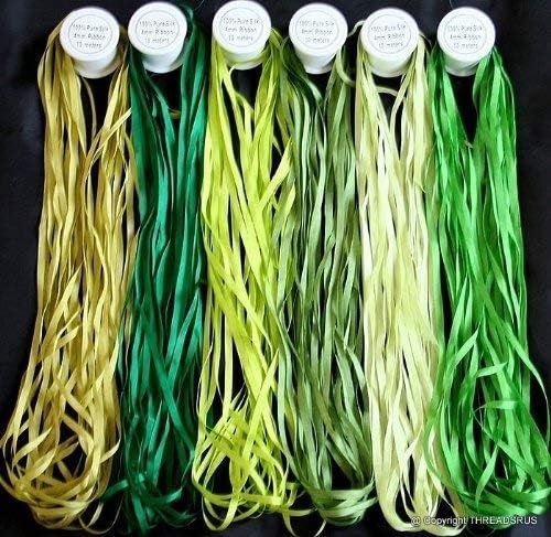 Wholesale 7mm 6 Spools 100% Pure Silk Ribbons Green Tones 60 MTS x 7mm Supplier