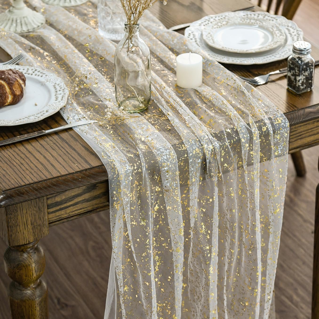 Wholesale Beige Gold Gauze Table Runner 120 Inch 10FT Glitter Metallic Foil Sheer Dining Wedding Anniversary Holiday Birthday Home Party Table Decor Supplier