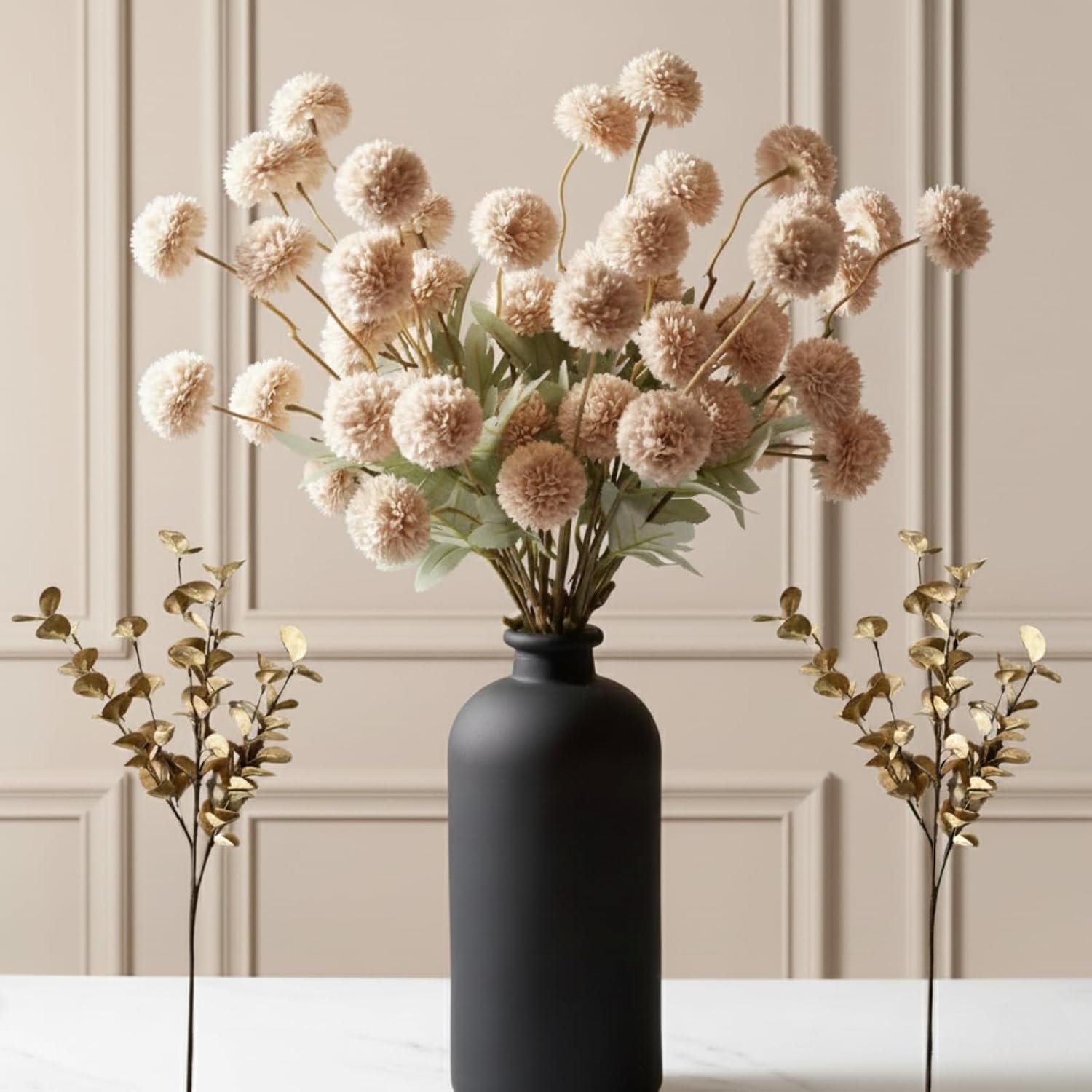 Wholesale Beige Silk Mum Artificial Flowers 10 Long Stems with Eucalyptus Faux Chrysanthemum Pom Pom Floral Arrangement Vase Centerpiece Supplier