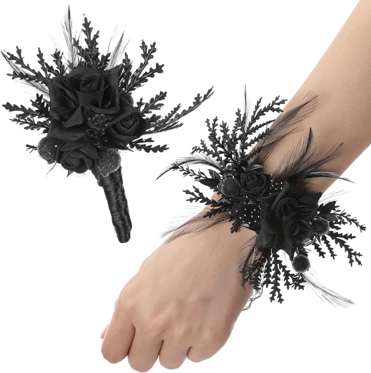 Wholesale Black Corsage and Boutonniere Set Wristlet for Men Prom Goth Wedding Supplier