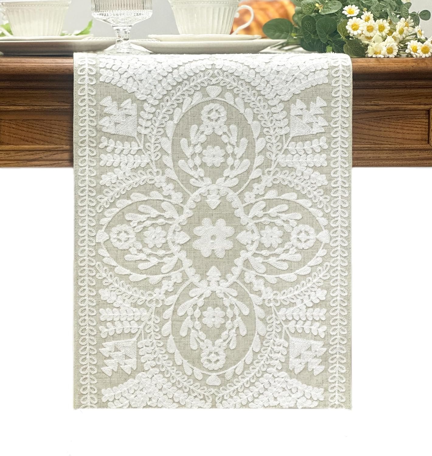 Wholesale Boho Farmhouse Linen Table Runner 13x72 Inches Rustic Vintage Natural Embroidered for Dining Table Decorations Supplier Wholesale Boho Farmhouse Linen Table Runner 13x72 Inches Rustic Vintage Natural Embroidered for Dining Table Decorations Supplier