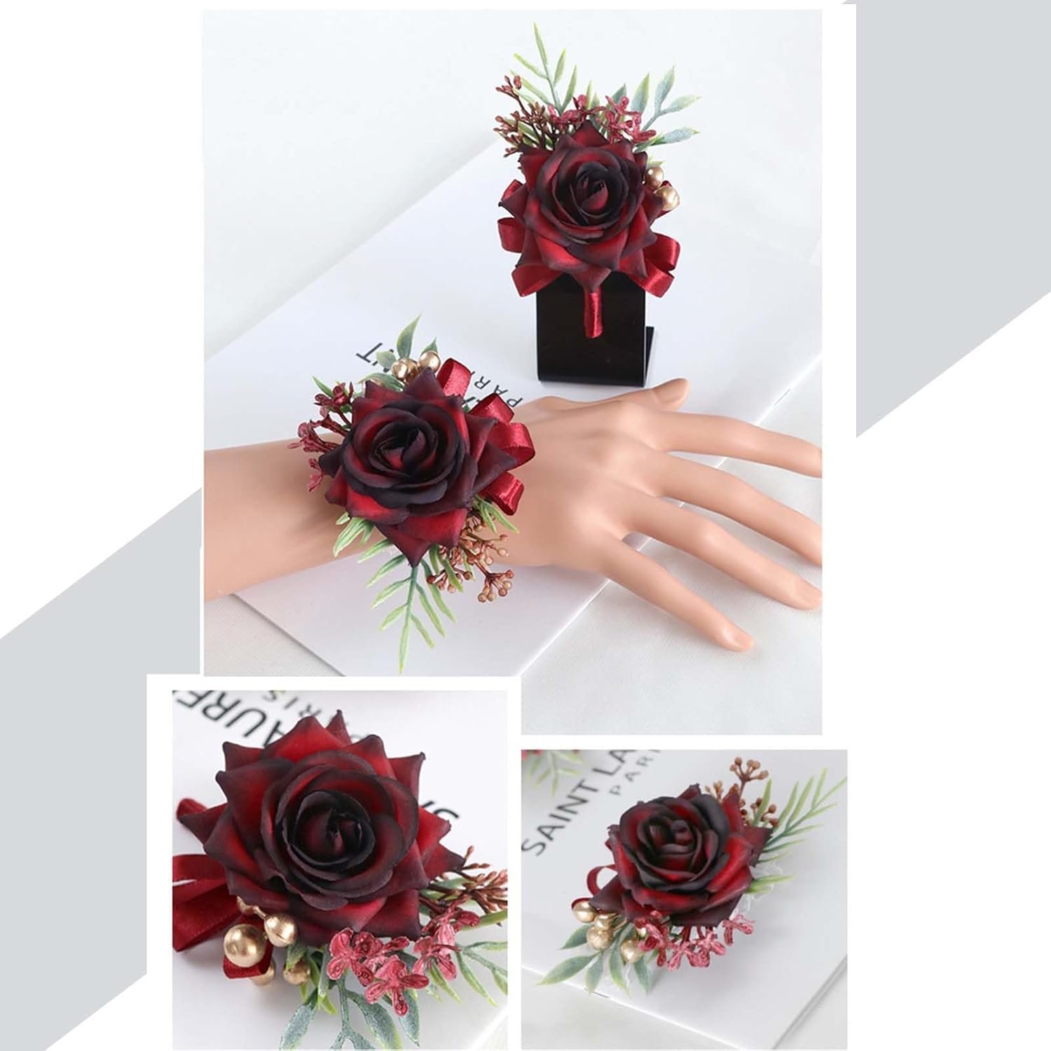 Wholesale Burgundy Corsage Wristlet and Boutonniere Set for Wedding Prom Flower Accessories Supplier Wholesale Burgundy Corsage Wristlet and Boutonniere Set for Wedding Prom Flower Accessories Supplier
