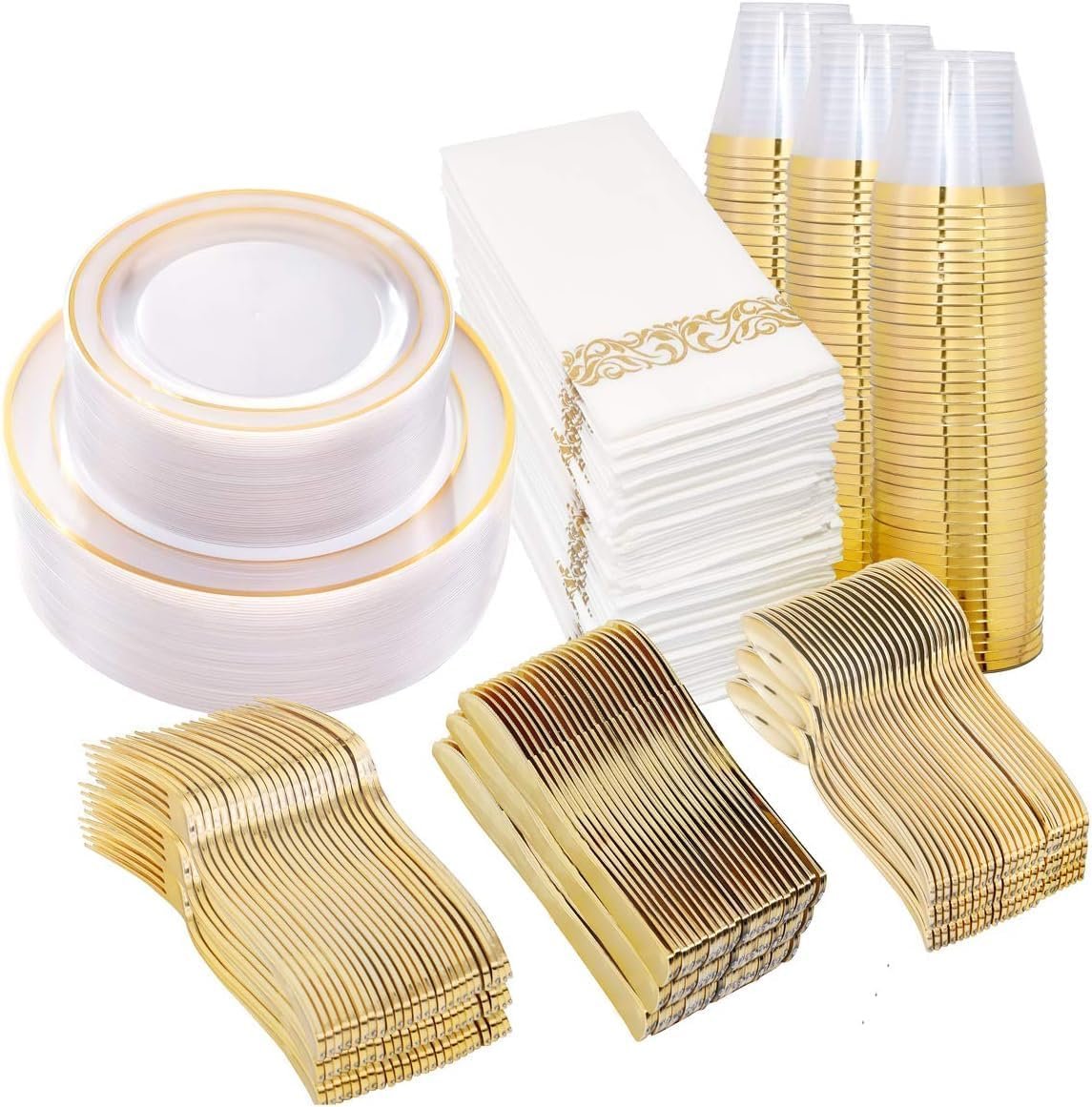 Wholesale Clear Gold Plastic Disposable Dinnerware Set for 50 Guests Includes 100 Plates 50 Silverware 50 Cups 50 Napkins for Party Wedding Supplier