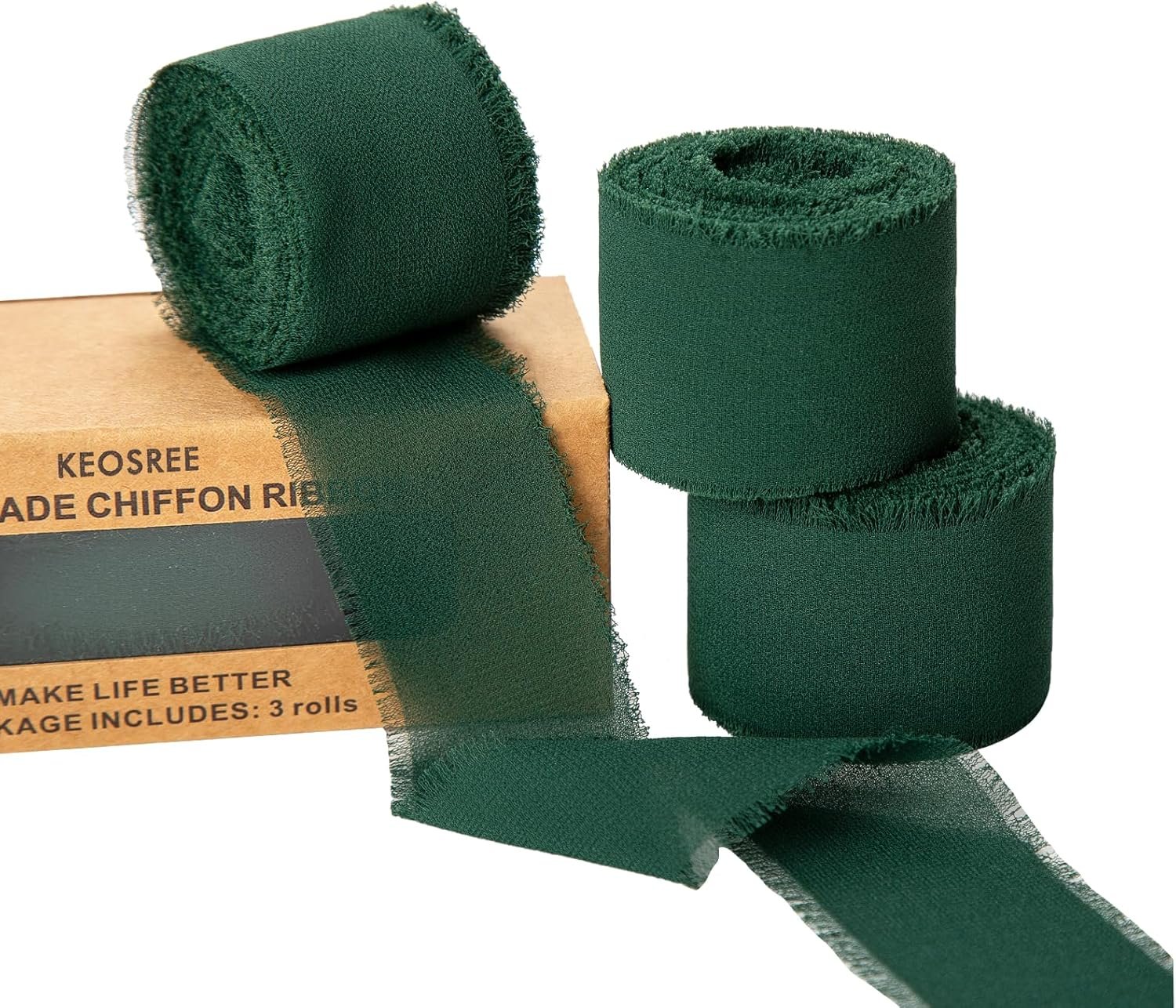 Wholesale Dark Green Handmade Chiffon Frayed Fringe Silk Ribbons 3 Rolls 1.5