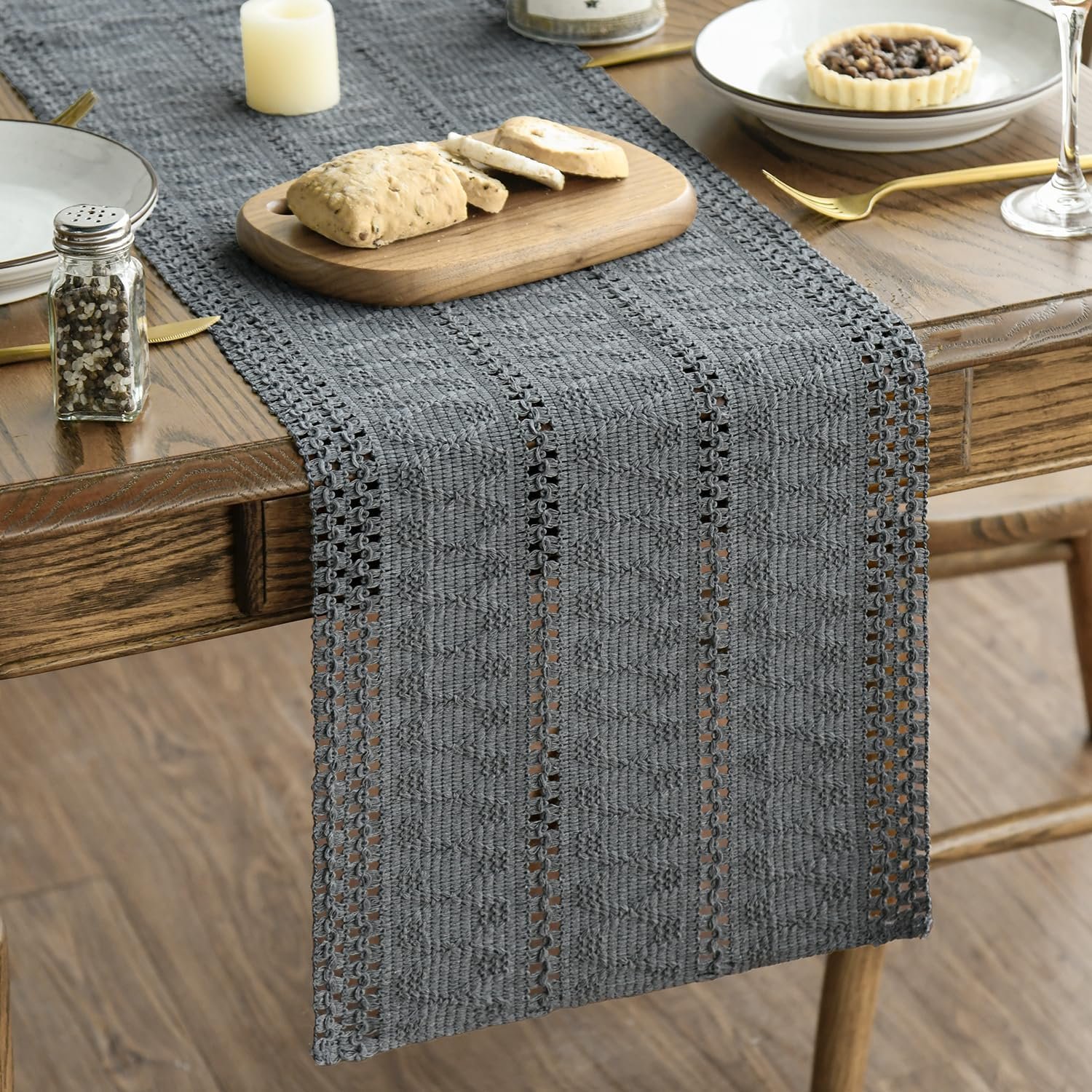 Wholesale Dark Grey Farmhouse Woven Rustic Hollow Table Runner Seasonal Holiday Kitchen Dining Table Decoration Home Party Decor 12x72 Inch Supplier