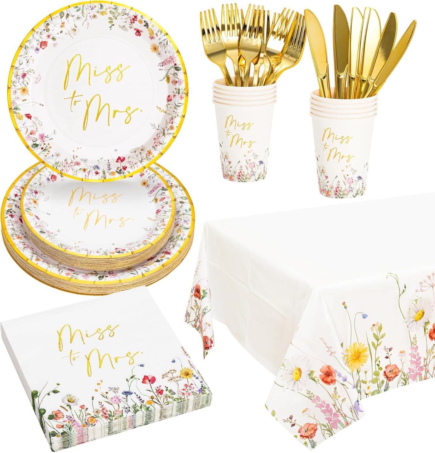 Wholesale Gold Miss to Mrs Floral Disposable Paper Tableware Set of 24 Bridal Shower Plates Napkins Cups Tablecloth Knife Fork for Wedding Decorations 9