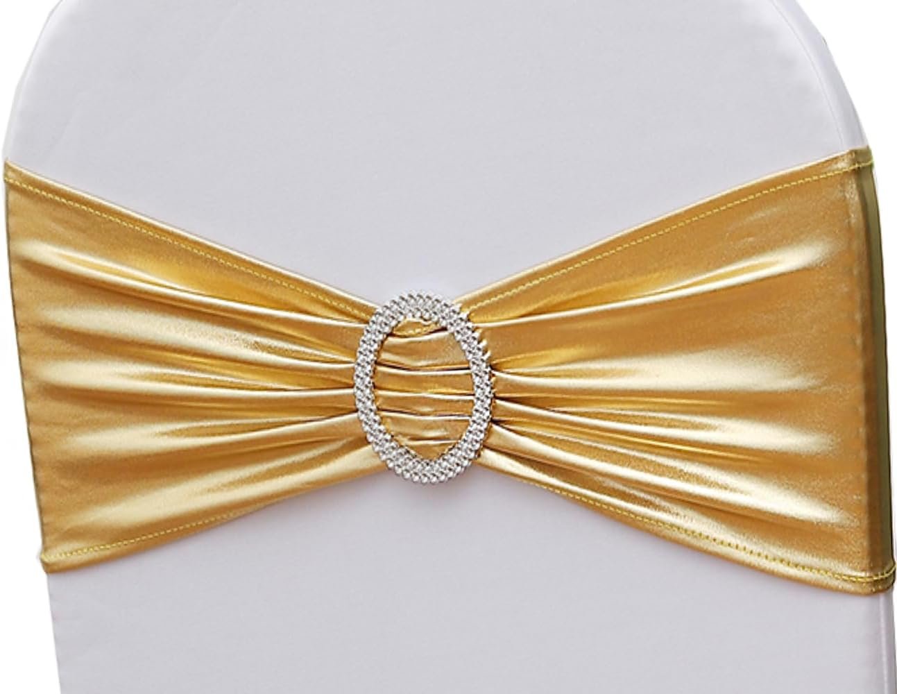 Wholesale Gold Spandex Chair Sashes Bows 50 Pack Stretch Bands with Metal Buckles Elastic Sliders for Wedding Party Events Banquet Decor Supplier