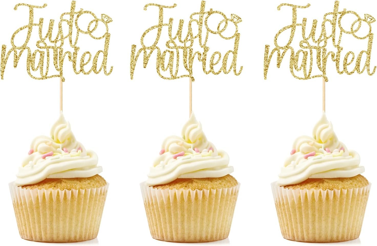 Wholesale Just Married Cupcake Toppers 12 Pcs Pre-Assembled Double-Sided Gold Glitter Wedding Party Decorations Engagement Bridal Shower Reception Cake Dessert Ornaments Supplier