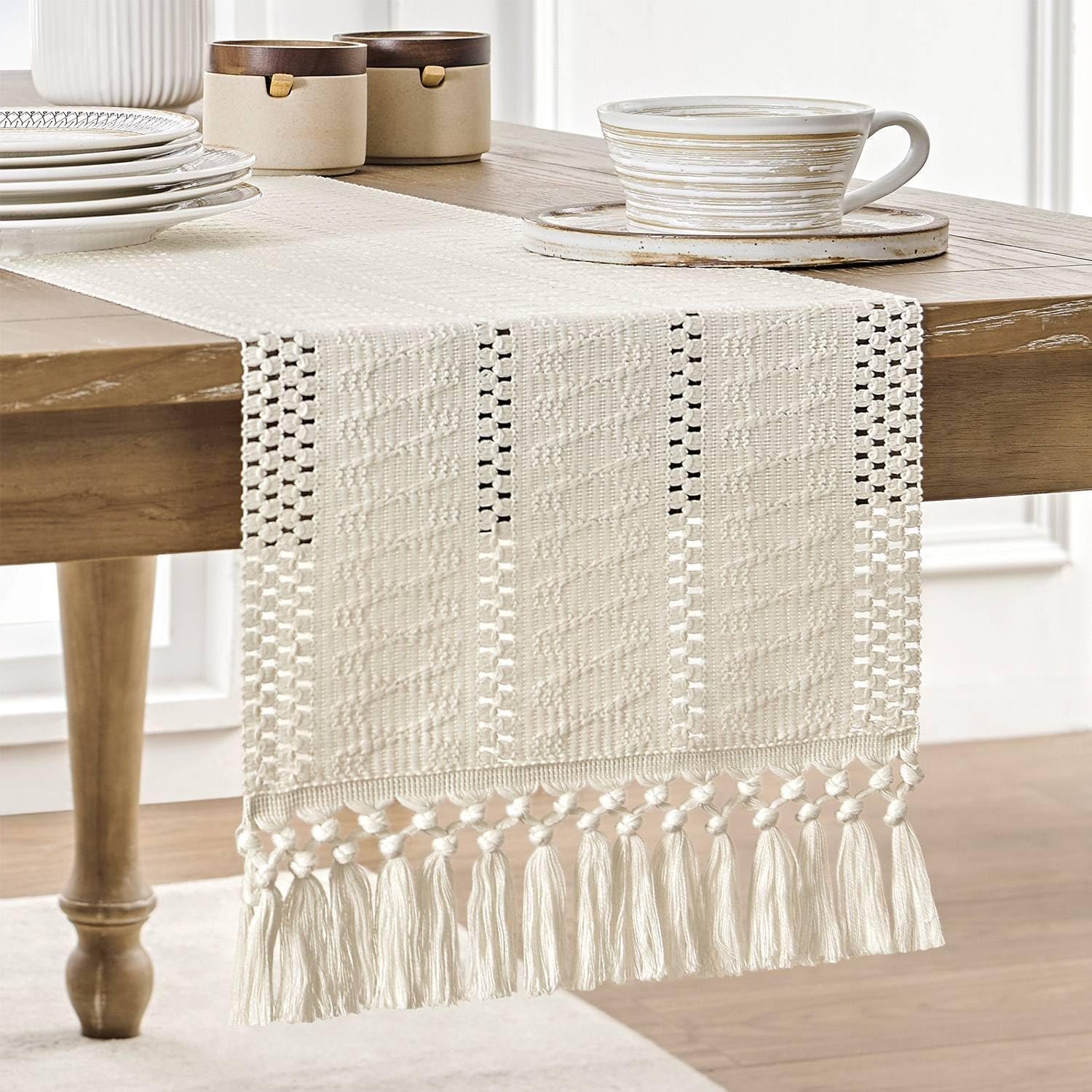 Wholesale Macrame Style Boho Ivory Table Runner 72 Inches Long Farmhouse Woven Home Decor 12x72 Inch Supplier