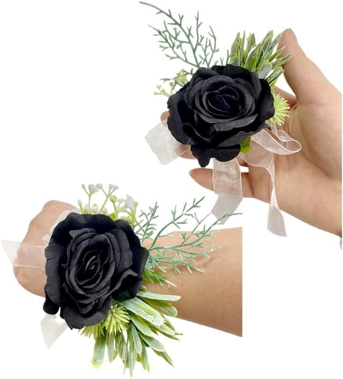 Wholesale Rose Wrist Corsage Wristlet Band Bracelet and Men's Boutonniere Set for Prom Bride Hand Flower Ceremony Wedding Party Decor DIY Petals Hair Hat Wreath Black Supplier