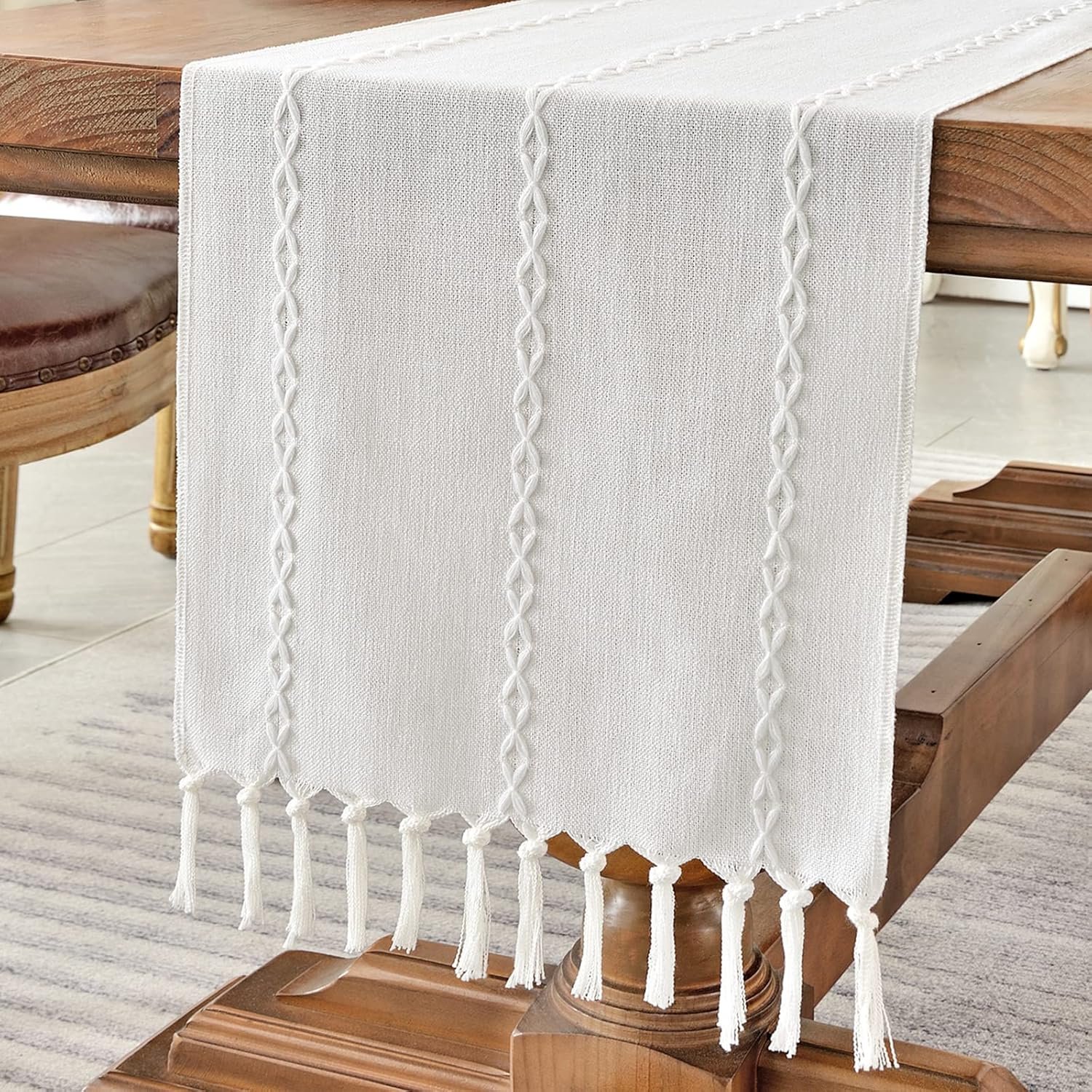 Wholesale Rustic Linen Embroidered Table Runner Farmhouse Style 72 Inches Long with Hand Tassels White 13x72 for Party Dresser and Dining Room Decor Supplier Wholesale Rustic Linen Embroidered Table Runner Farmhouse Style 72 Inches Long with Hand Tassels White 13x72 for Party Dresser and Dining Room Decor Supplier