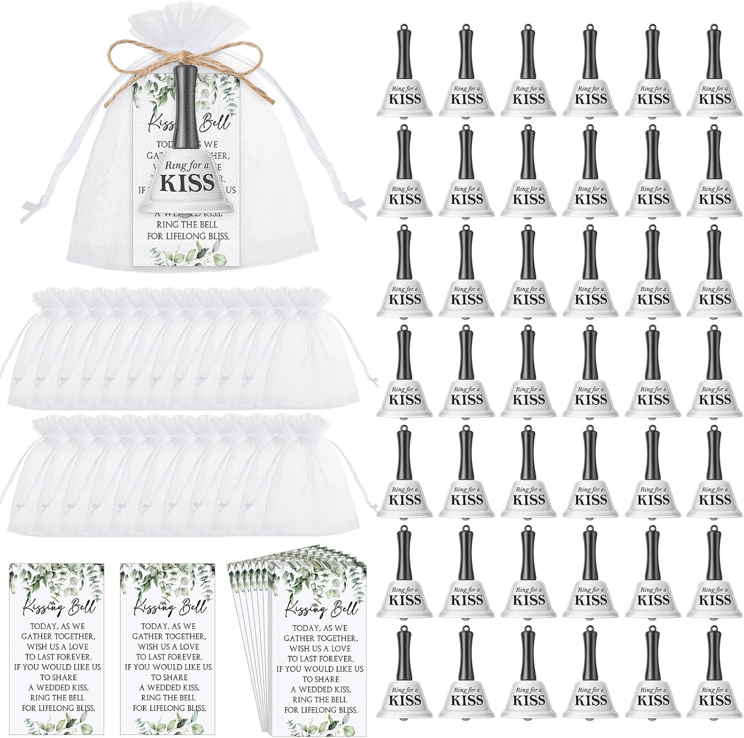 Wholesale Wedding Kissing Bells Bulk Party Favors Ring for Kiss Greenery Card Organza Bag Jute Rope Mini Bells Reception Goody Bags 100 Sets Supplier