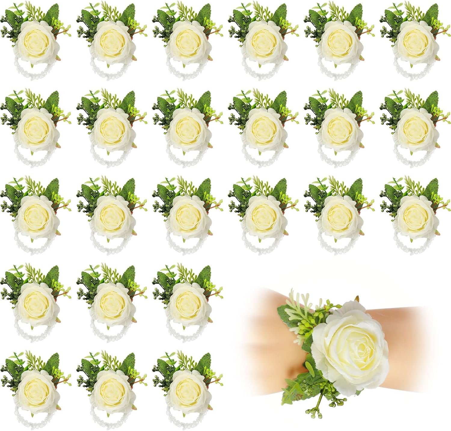 Wholesale Wedding Rose Wrist Corsage Wristlet Bands Bridesmaid Bridal Artificial Flower Bracelets Party Prom Homecoming Decor White 24 Pcs Supplier
