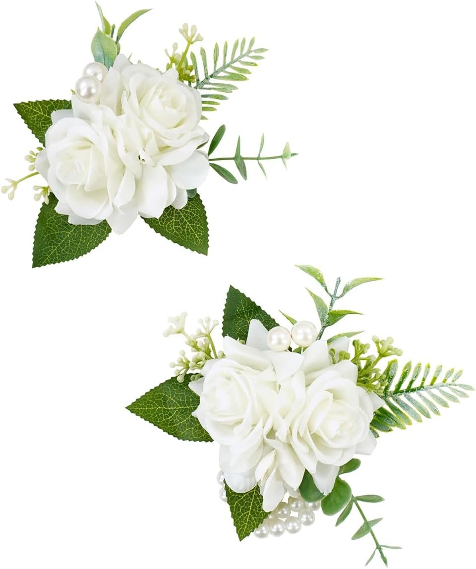 Wholesale White Artificial Rose Corsage and Boutonniere Set for Wedding Prom Homecoming Wristlets Men's Suit Decorations Supplier