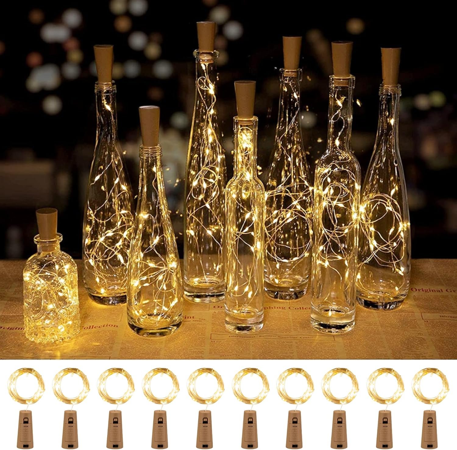 Wholesale Wine Bottle Lights with Cork 10 Pack 20 LED Waterproof Battery Operated Silver Wire Mini Fairy Lights for Liquor Bottles DIY Party Bar Christmas Wedding Décor Supplier