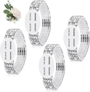 4 Pcs Corsage Wristlet Bands Rhinestone Bracelet, Rhinestone Wrist Corsage, Elastic DIY Wrist For Wedding Party Prom Bride Shower Party Anniversary