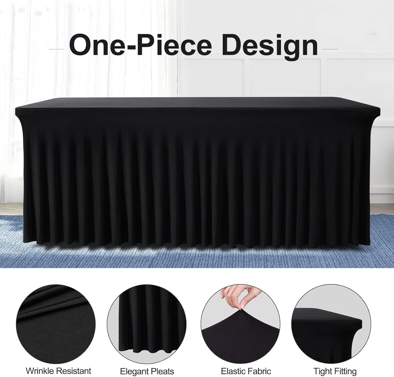 Wholesale 6ft Rectangle Table Skirts One-Piece Black Wrinkle-Resistant Ruffle Elastic Cover for Banquets Weddings Events Parties Supplier
