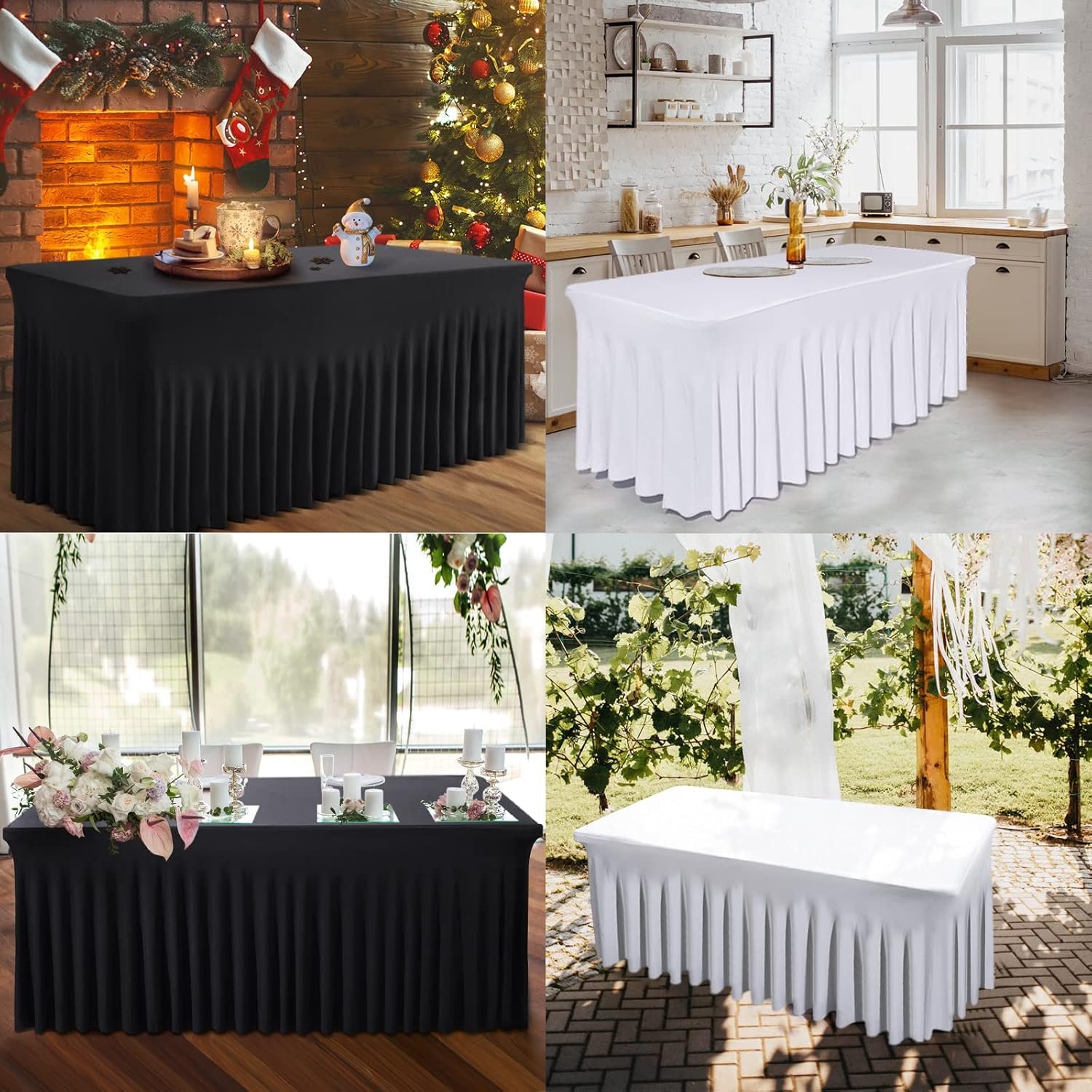 Wholesale 6ft Rectangle Table Skirts One-Piece Black Wrinkle-Resistant Ruffle Elastic Cover for Banquets Weddings Events Parties Supplier