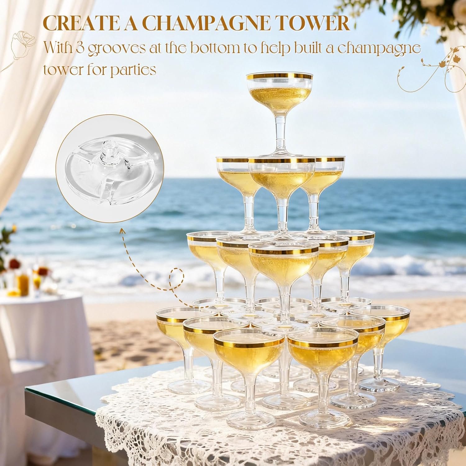 Wholesale 50 Pack 5.4 fl oz Plastic Coupe Champagne Tower Glasses with Gold Rim Disposable Clear Acrylic Martini Cocktail Cups Unbreakable Reusable Supplier