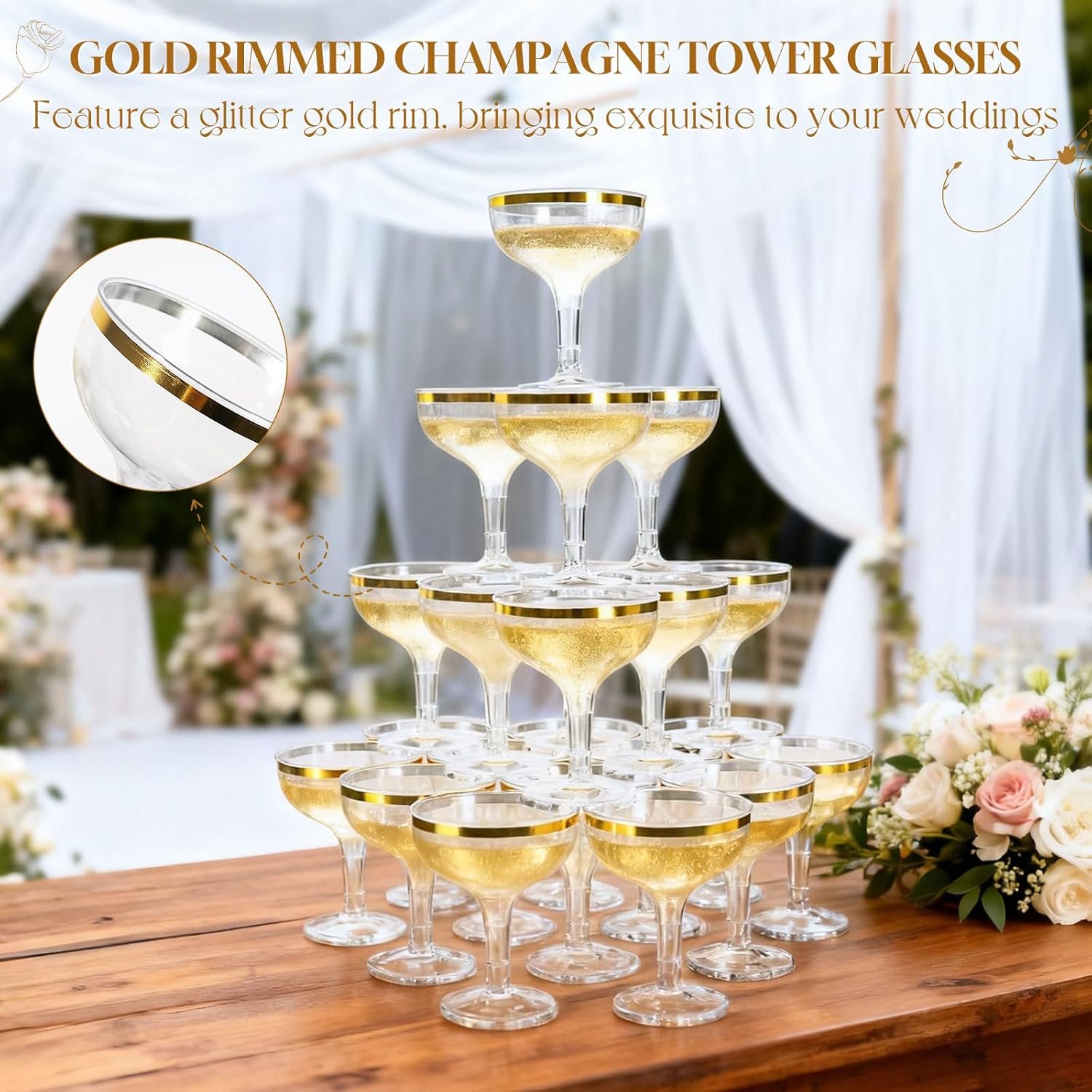 Wholesale 50 Pack 5.4 fl oz Plastic Coupe Champagne Tower Glasses with Gold Rim Disposable Clear Acrylic Martini Cocktail Cups Unbreakable Reusable Supplier