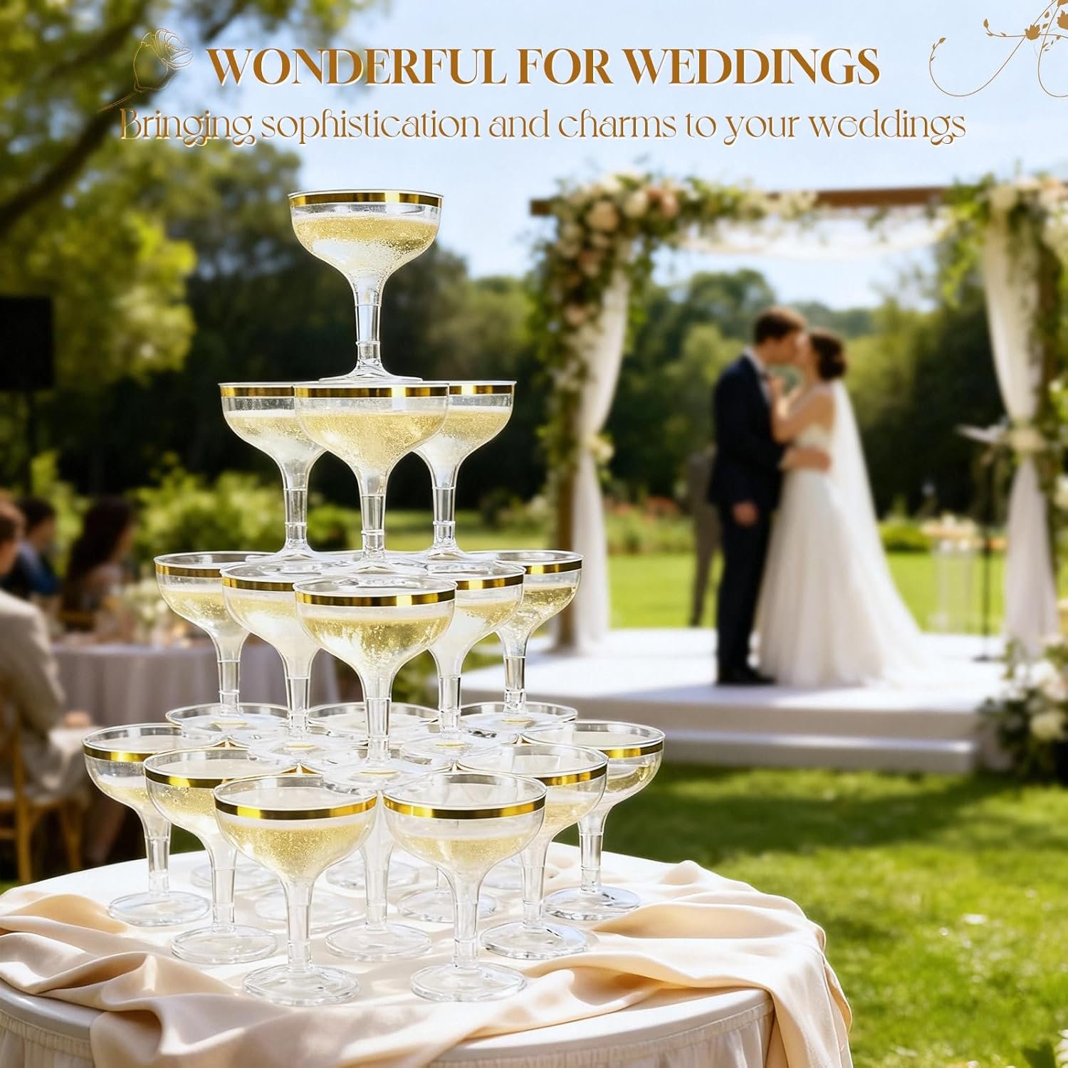 Wholesale 50 Pack 5.4 fl oz Plastic Coupe Champagne Tower Glasses with Gold Rim Disposable Clear Acrylic Martini Cocktail Cups Unbreakable Reusable Supplier