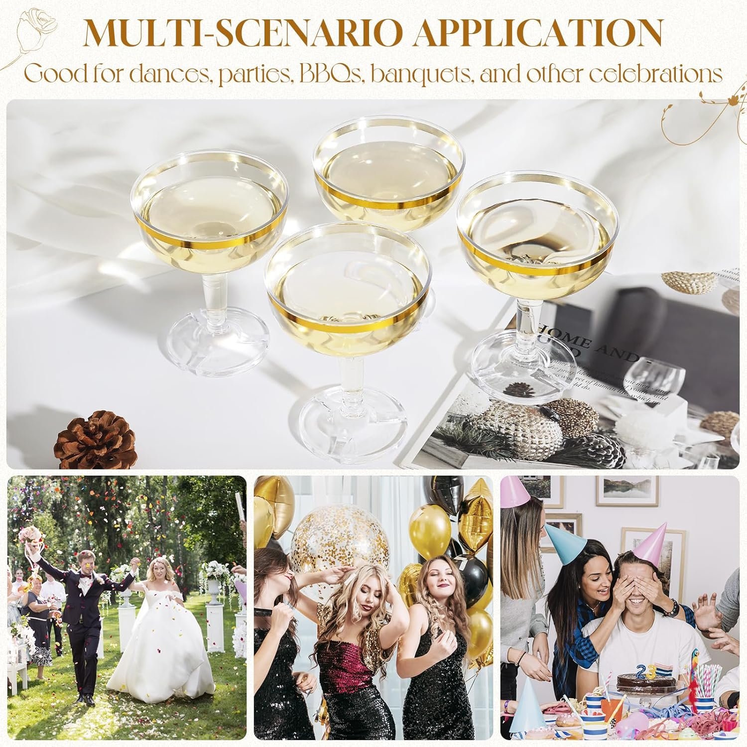 Wholesale 50 Pack 5.4 fl oz Plastic Coupe Champagne Tower Glasses with Gold Rim Disposable Clear Acrylic Martini Cocktail Cups Unbreakable Reusable Supplier