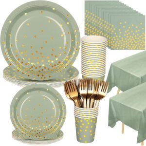 Sage Green Party Supplies, 127PCS Green Paper Plates Napkins Cups Forks Disposable Dinnerware Set Serves 25 Guests Sage-Green Party Decorations for Wedding Baby Shower