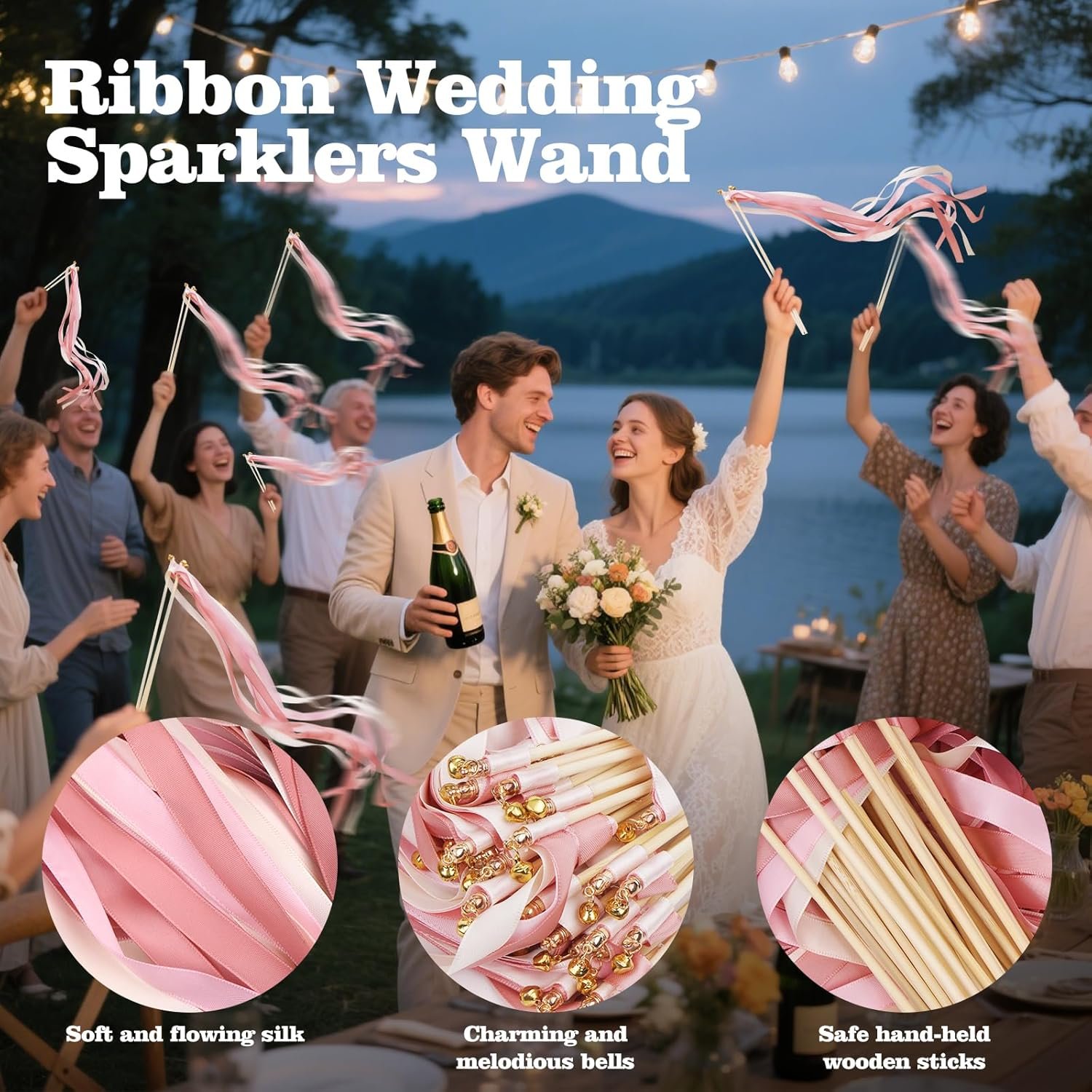 Wholesale 50PCS Silk Ribbon Fairy Wands with Gold Bells for Wedding Send Off Party Holiday Celebrations Pink and White Supplier Wholesale 50PCS Silk Ribbon Fairy Wands with Gold Bells for Wedding Send Off Party Holiday Celebrations Pink and White Supplier