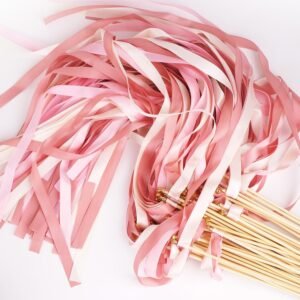 50PCS Ribbon Wedding Sparklers Wand, Wedding Send Off Silk Ribbon Fairy Wands with Gold Bells for Wedding Send Off, Party, Holiday, Activities Celebrate Ribbon Stick(Pink and White)