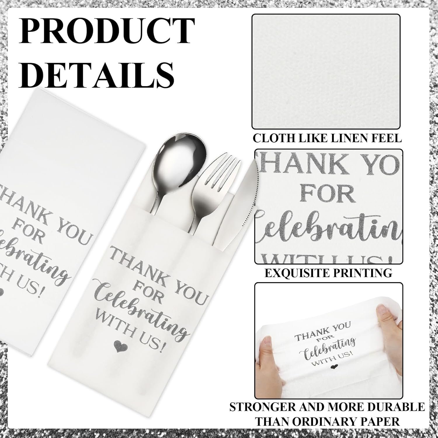 Wholesale 100 Pcs Linen Feel Pocket Napkins Disposable Flatware Airlaid Paper Absorbent Dinner Napkins for Wedding Shower Engagement Party Decorations (Silver) Supplier Wholesale 100 Pcs Linen Feel Pocket Napkins Disposable Flatware Airlaid Paper Absorbent Dinner Napkins for Wedding Shower Engagement Party Decorations (Silver) Supplier