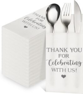 Fuutreo 100 Pcs Wedding Linen Feel Napkins Pocket Disposable Flatware Airlaid Paper Absorbent Dinner Napkins for Wedding Shower Engagement Party Decorations(Silver)