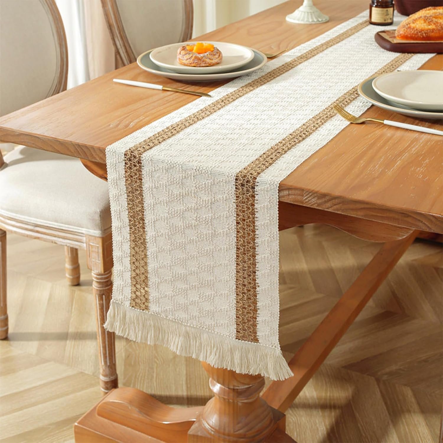 Wholesale Boho Macrame Table Runner 72 Inches Long Cotton Linen Woven for Easter Spring Summer Dining Home Decor Beige Brown Supplier