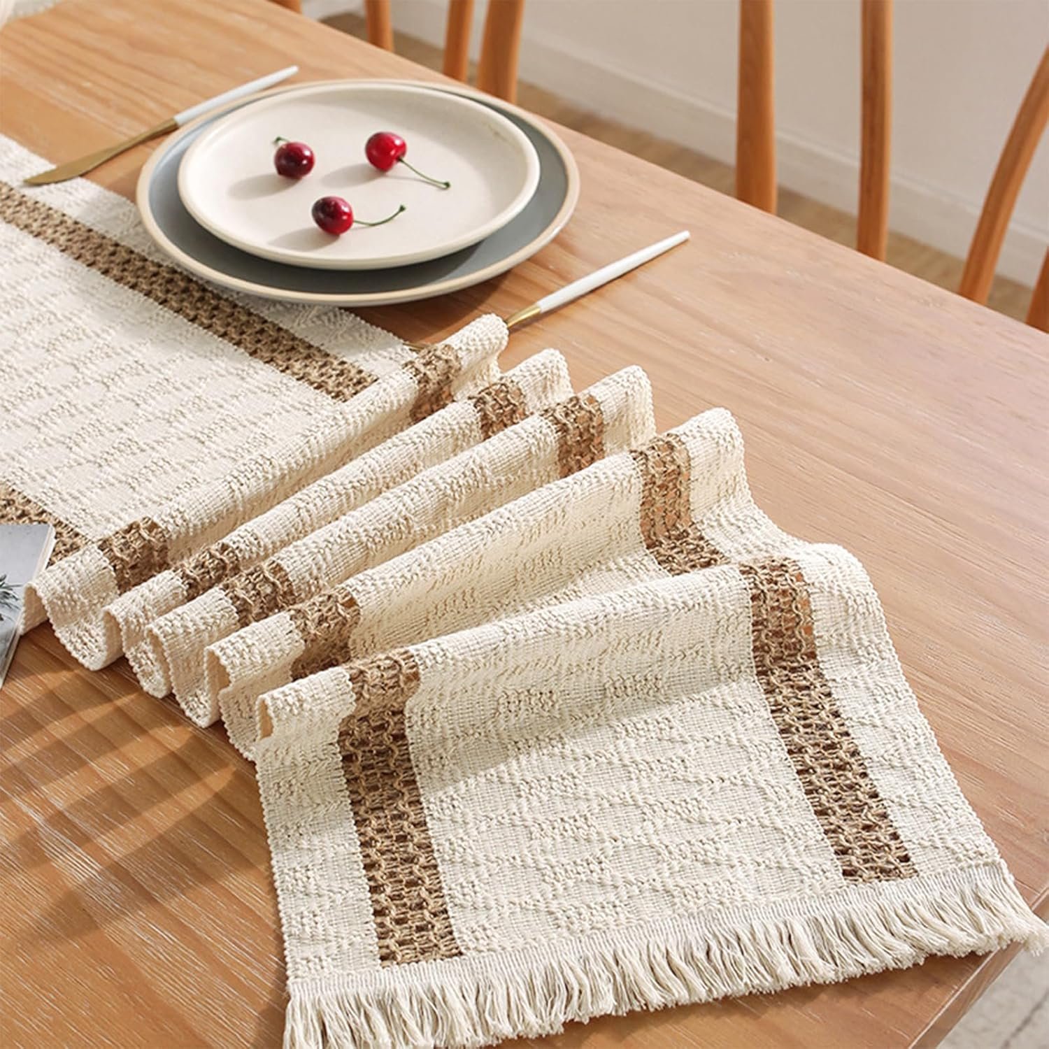 Wholesale Boho Macrame Table Runner 72 Inches Long Cotton Linen Woven for Easter Spring Summer Dining Home Decor Beige Brown Supplier