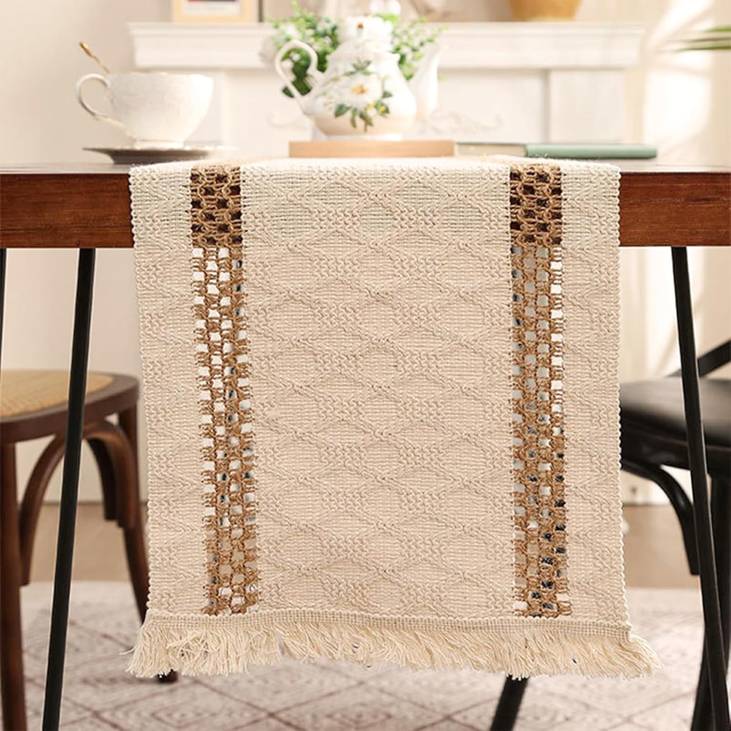 Wholesale Boho Macrame Table Runner 72 Inches Long Cotton Linen Woven for Easter Spring Summer Dining Home Decor Beige Brown Supplier