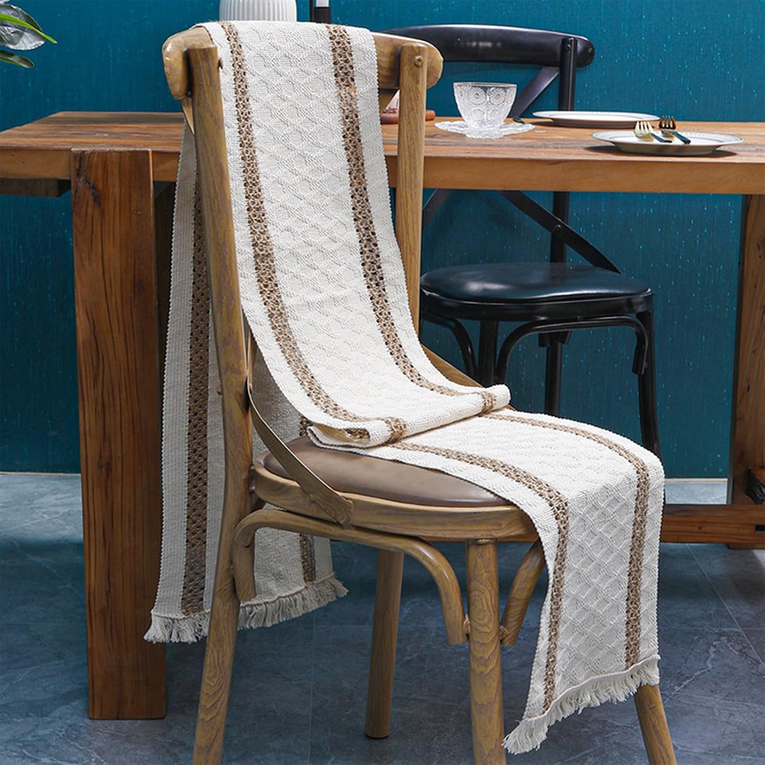 Wholesale Boho Macrame Table Runner 72 Inches Long Cotton Linen Woven for Easter Spring Summer Dining Home Decor Beige Brown Supplier