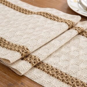 Niviy Boho Table Runner for Easter Spring Home Decor 72 Inches Long Farmhouse Macrame Easter Table Runner Cotton Linen Woven Table Runners for Summer Dining Table Decoration, Beige & Brown