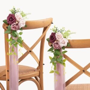DORIS HOME Wedding Aisle Decorations Mauve Pew Flowers Set of 10 for Wedding Ceremony Party Chair Decor with Artificial Flowers Eucalyptus and Ribbons
